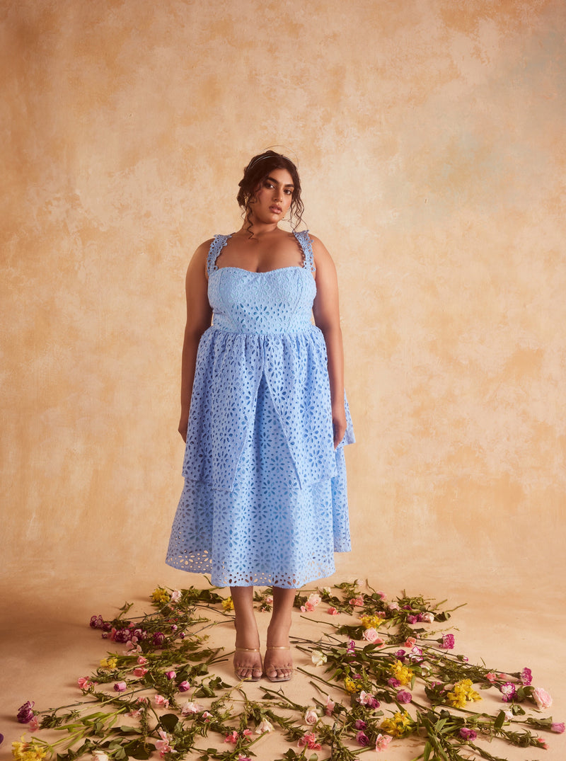 Patricia Blue Schifili Midi Dress featuring elegant embroidery and a classic mid-length cut.