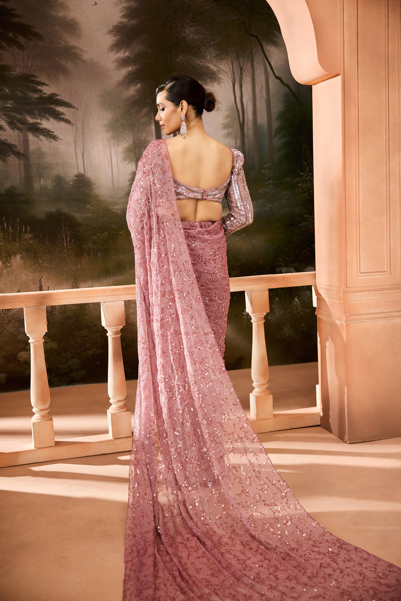 Pihu Mauve Shimmer Pre-Draped Saree Set
