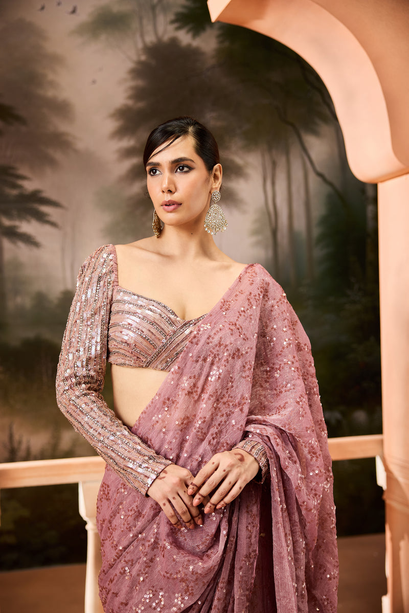 Pihu Mauve Shimmer Pre-Draped Saree Set
