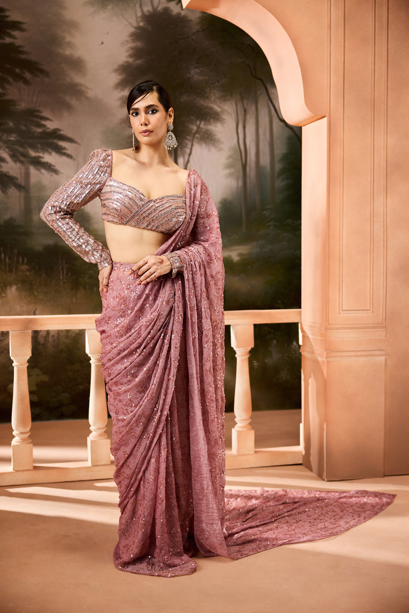 Pihu Mauve Shimmer Pre-Draped Saree Set
