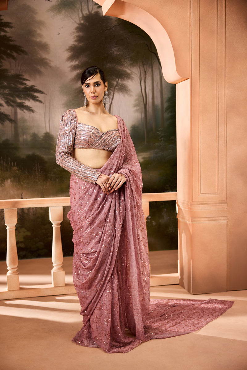 Pihu Mauve Shimmer Pre-Draped Saree Set
