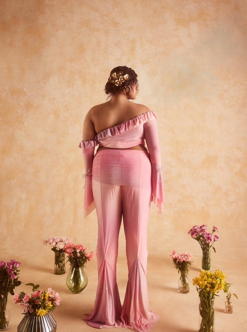 Polina Baby Pink Bell-Sleeved Top & Pant Coord Set, featuring a charming and coordinated outfit with flared sleeves.