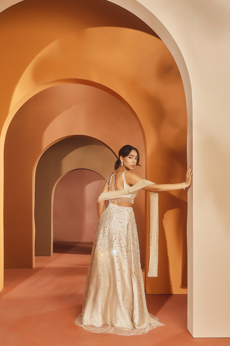 Elegant woman in a Prisha Nude Stone Work Satin Lehenga, showcasing sophisticated glamour