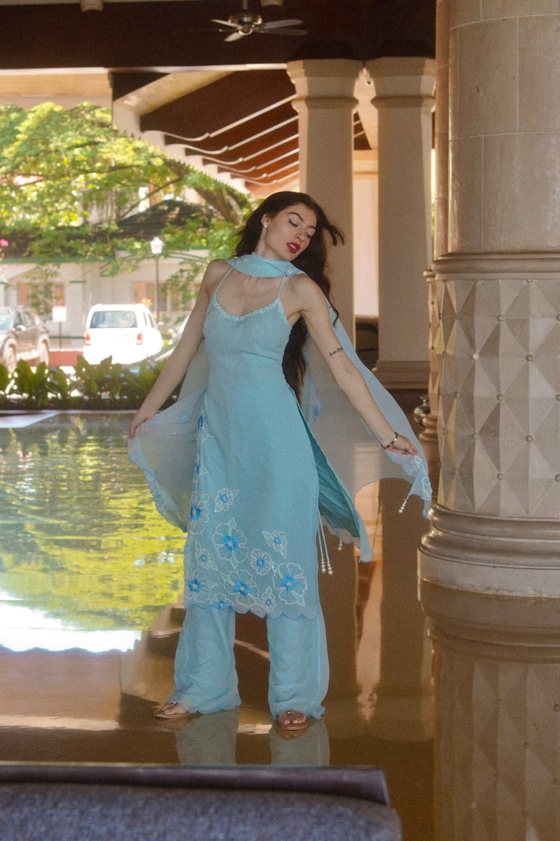 Raaya Baby Blue Hand-Embroidered Sleeveless Suit
