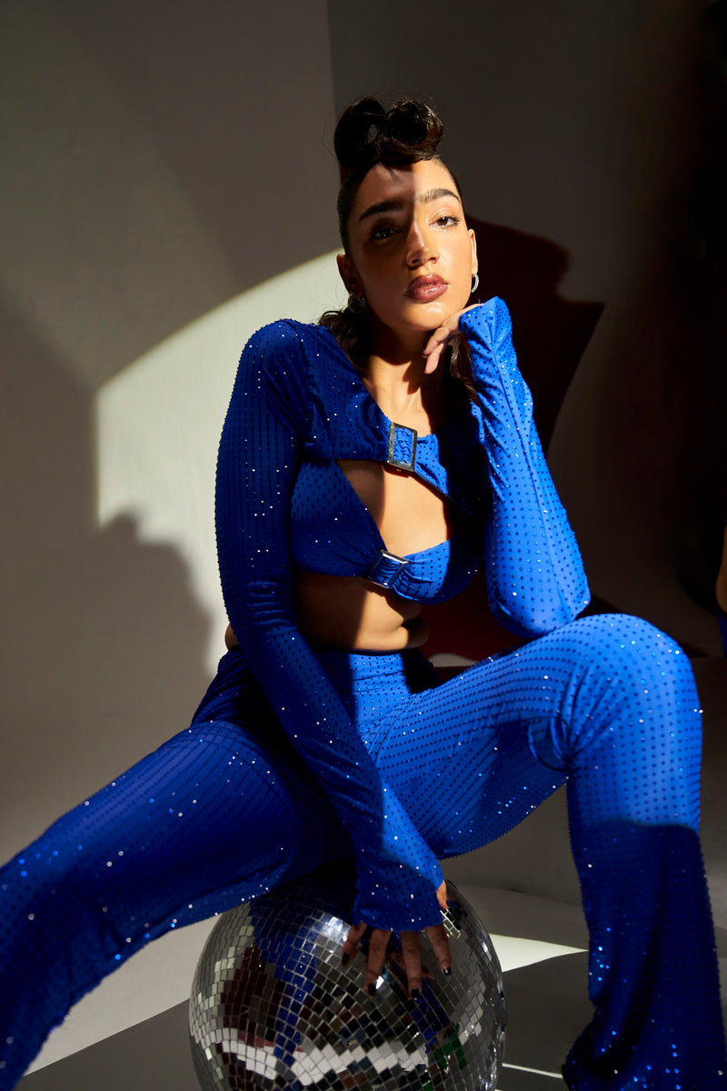 Rayne Electric Blue Hot Fix Coord Set with striking hot fix embellishments and a bold, vibrant color