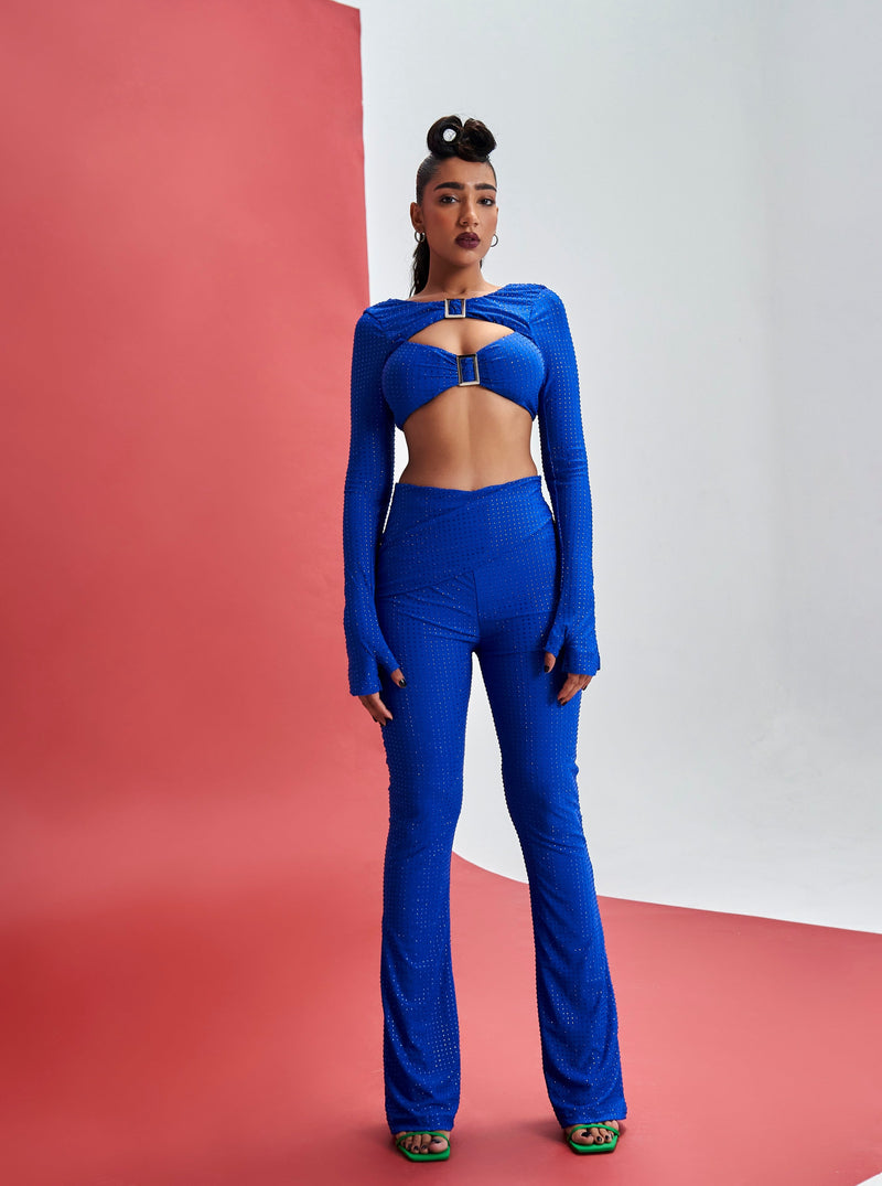 Rayne Electric Blue Hot Fix Coord Set with striking hot fix embellishments and a bold, vibrant color