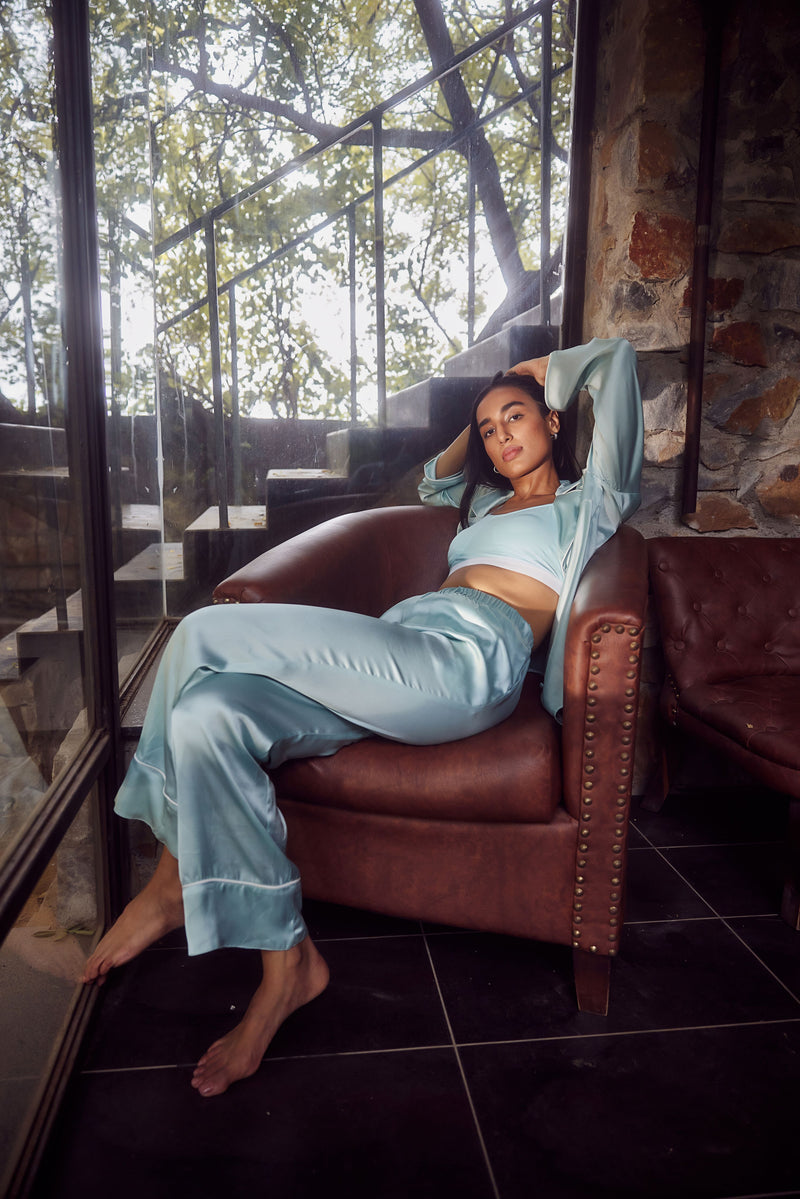 Remi Baby Blue Satin Shirt + Pyjama Pants Lounge Set with a silky smooth finish for ultimate comfort