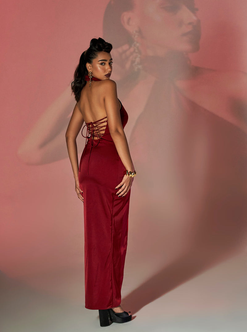 Roux Burgundy Stretch Satin Asymmetrical Cutout Dress with a form-fitting satin fabric and bold asymmetrical cutouts