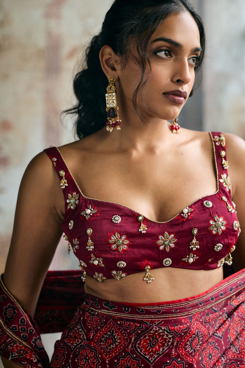 Meira Ajrakh Print Embroidered Pre-Draped Saree Set