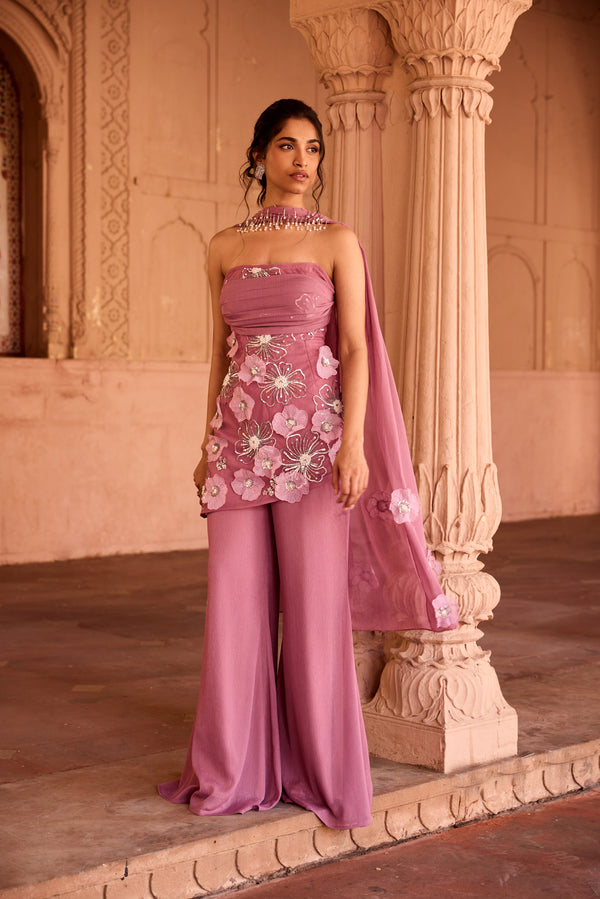 Nakhat Pink 3D Flower Embroidered Sleeveless Sharara Set