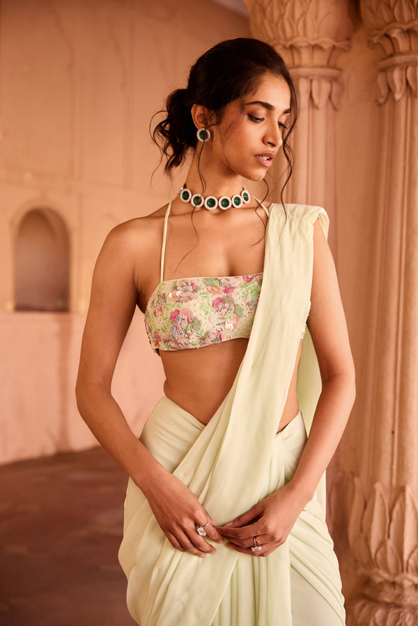 Yasira Pastel Green Georgette Pre-Stitched Saree