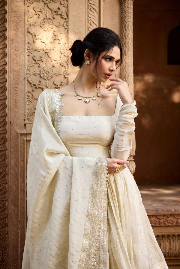 Sehrish Cream Mukaish Double Tiered Anarkali Set