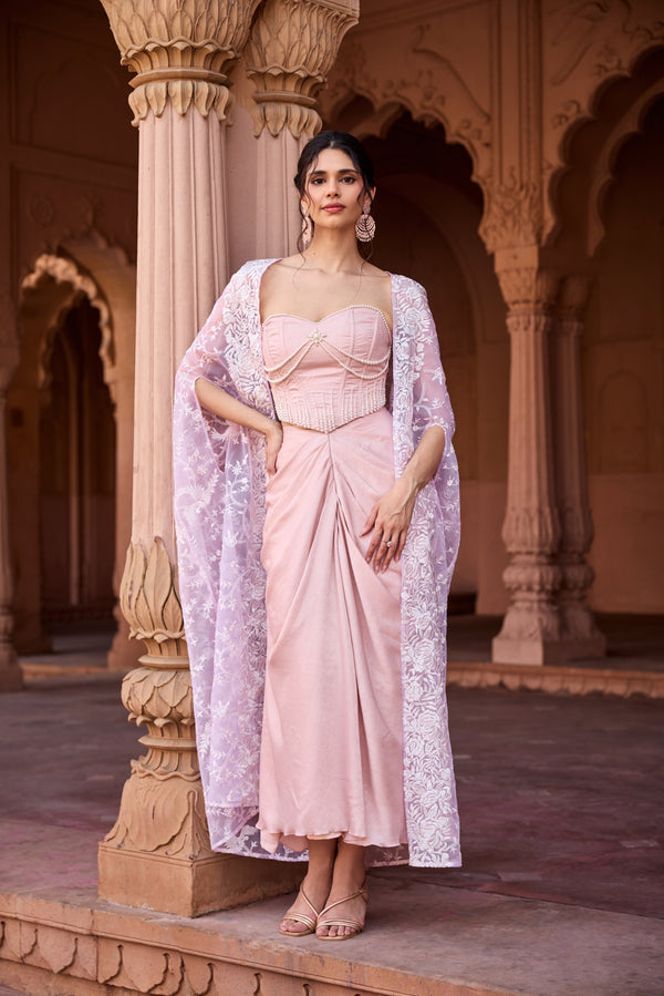 Misha Baby Pink Satin Coord Set with Lavender Embroidered Cape