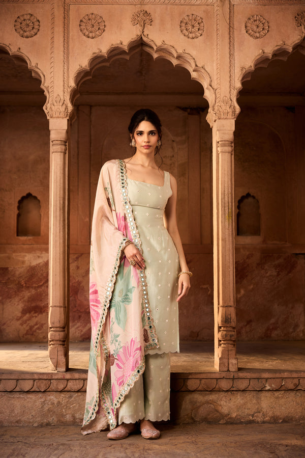 Nusra Sage Green Long Kurta Set