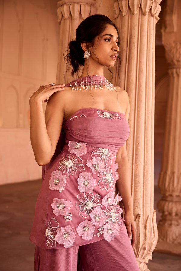 Nakhat Pink 3D Flower Embroidered Sleeveless Sharara Set