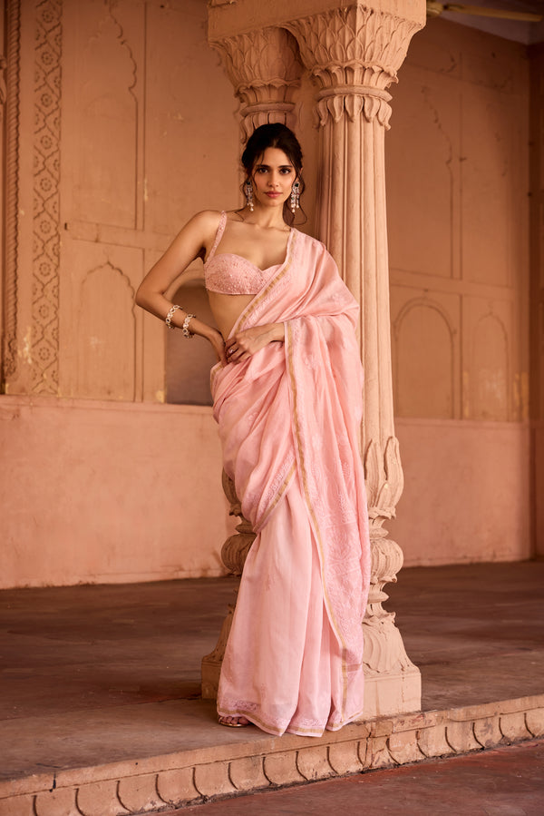 Sidra Baby Pink Chikankari Pre-Stiched Saree
