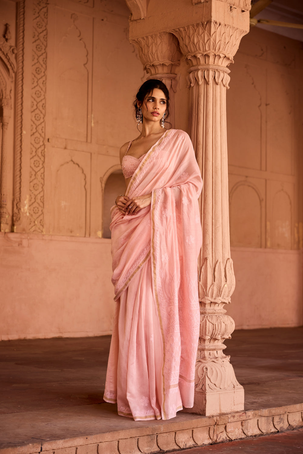 Sidra Baby Pink Chikankari Pre-Stiched Saree
