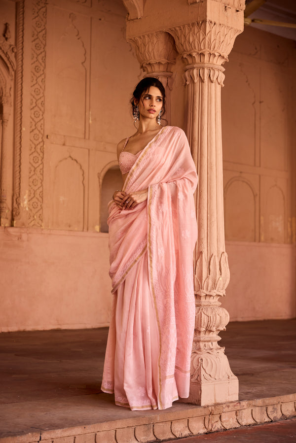 Sidra Baby Pink Chikankari Pre-Stiched Saree
