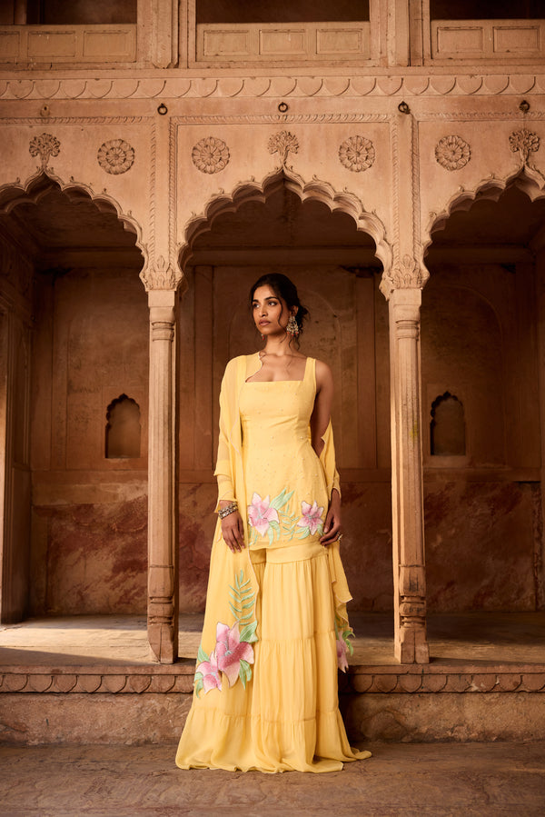 Rehana Yellow Floral Embroidered Sharara Set