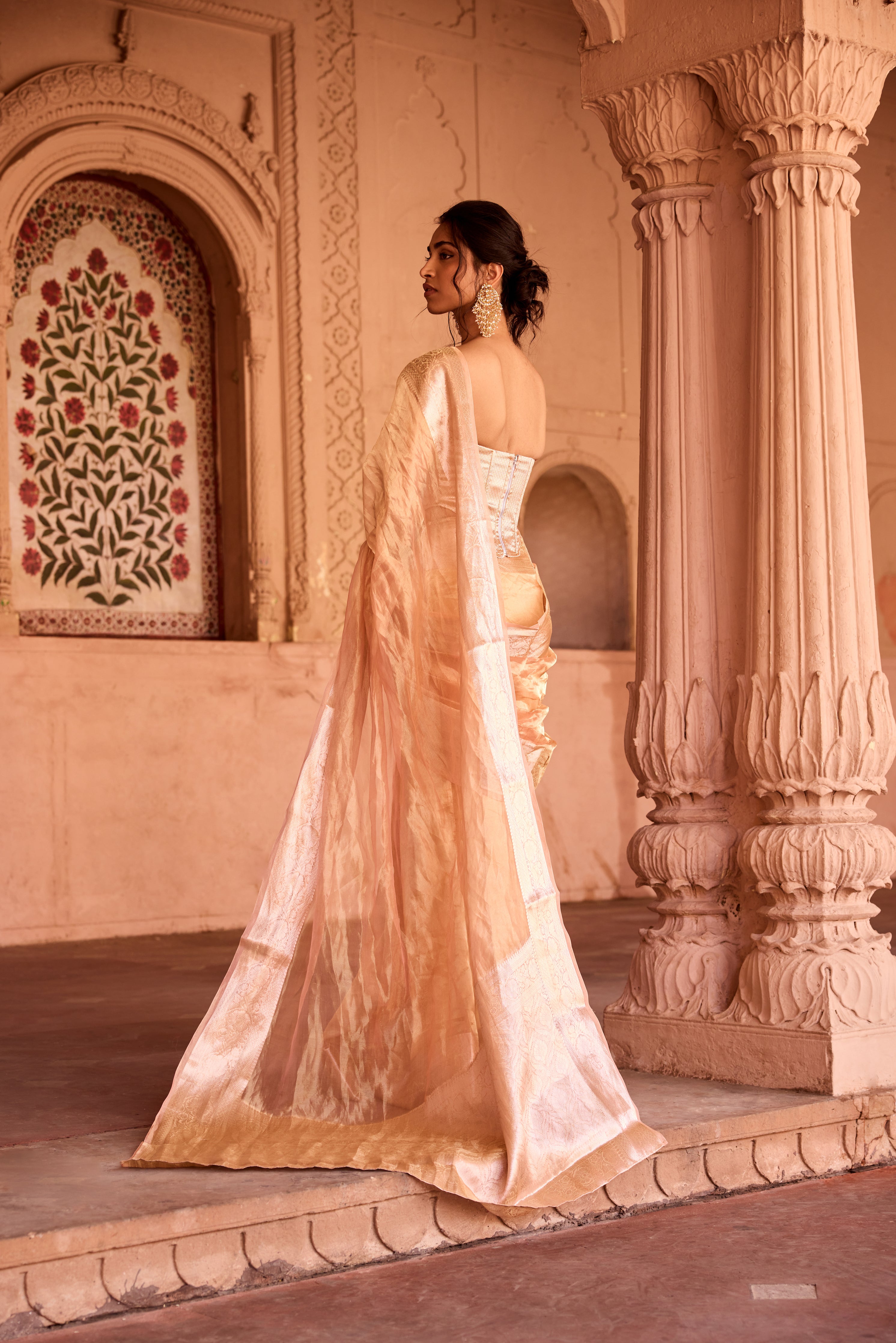 Suhaila Gold Tissue Pre-Draped Saree Set
