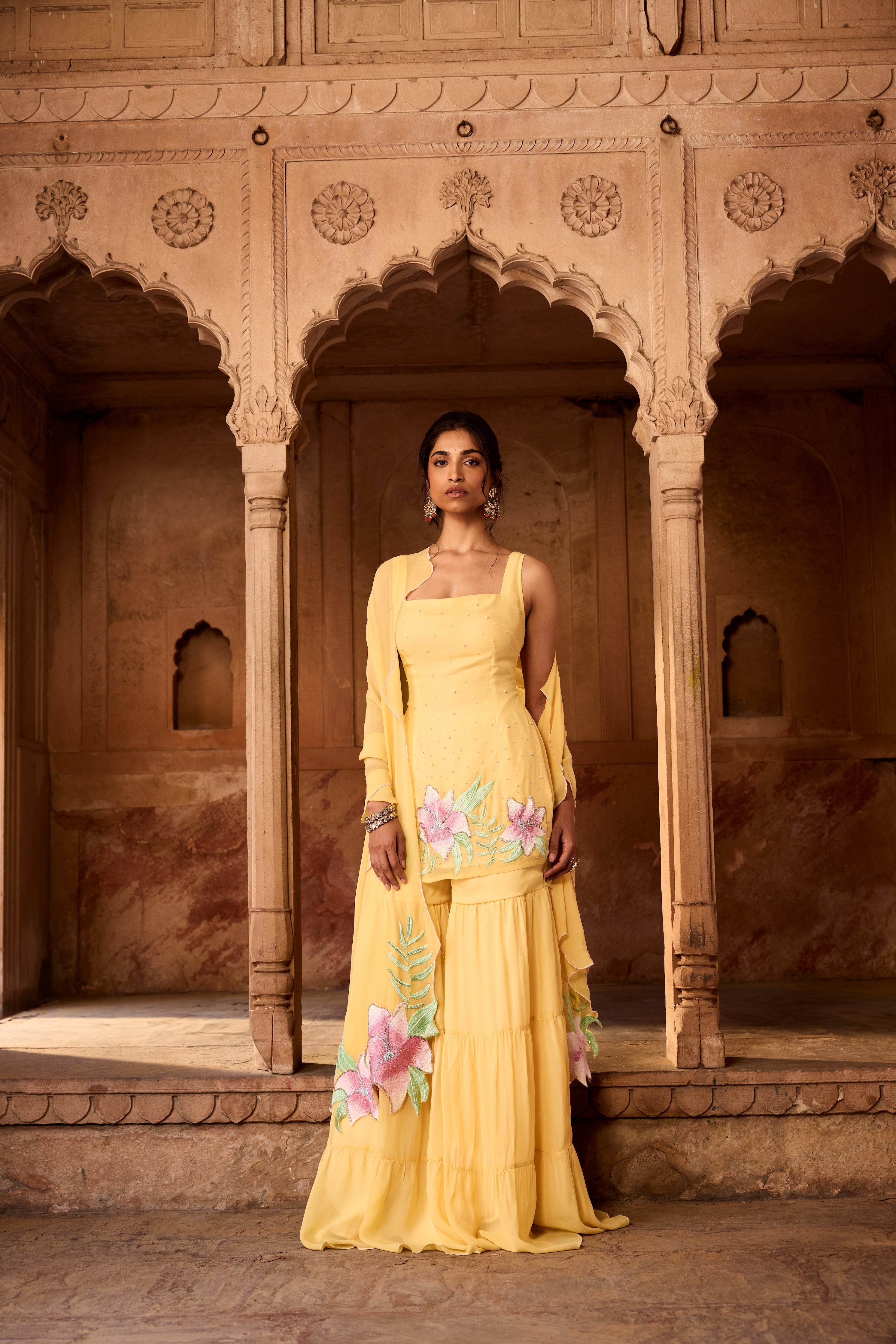 Rehana Yellow Floral Embroidered Sharara Set