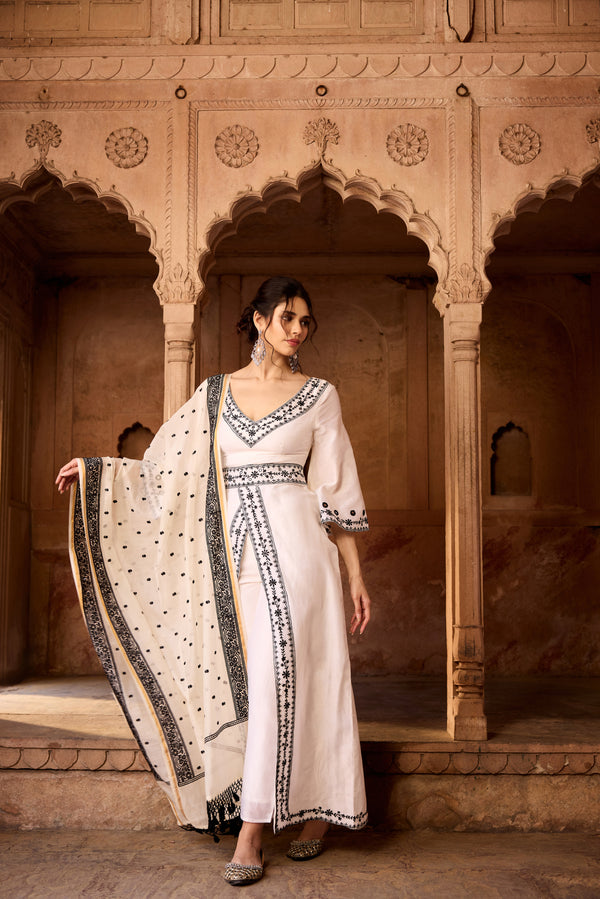 Mahnoor White + Black Long Kurta Set