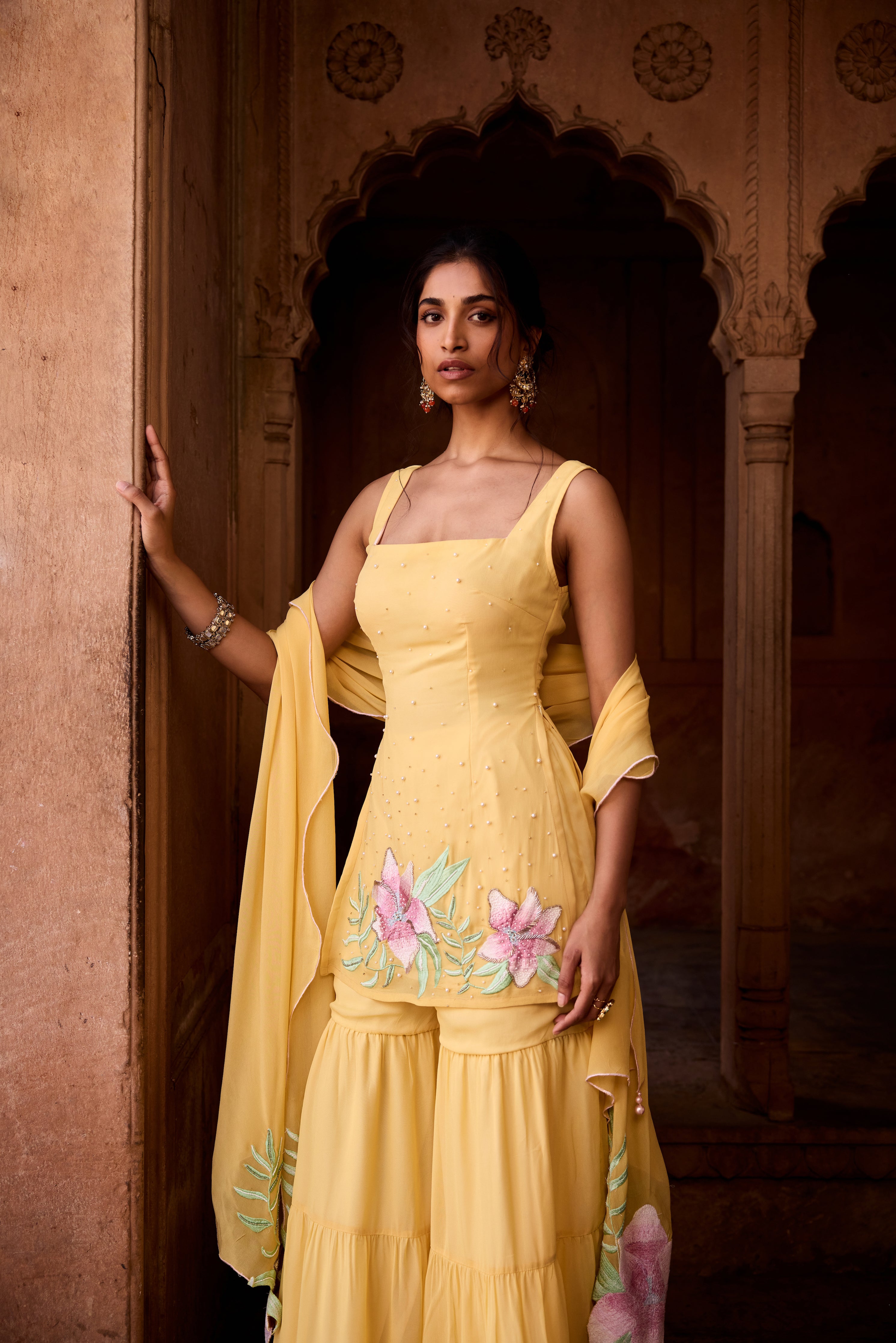 Rehana Yellow Floral Embroidered Sharara Set