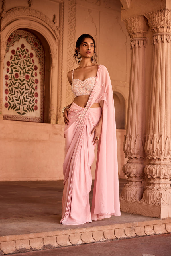 Reshma Baby Pink Satin Pre-Stitched Saree