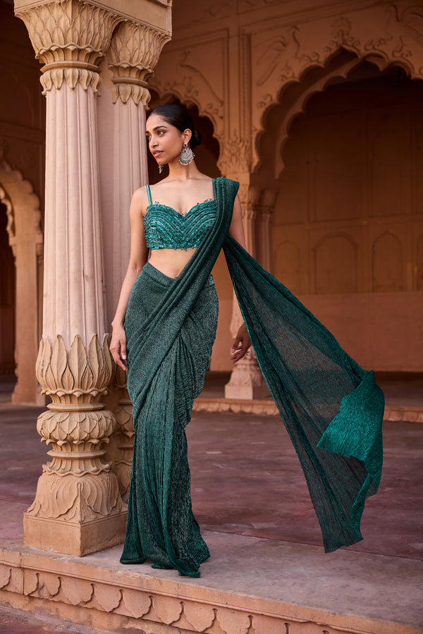 Aazina Emerald Green Pre-Stitched Saree