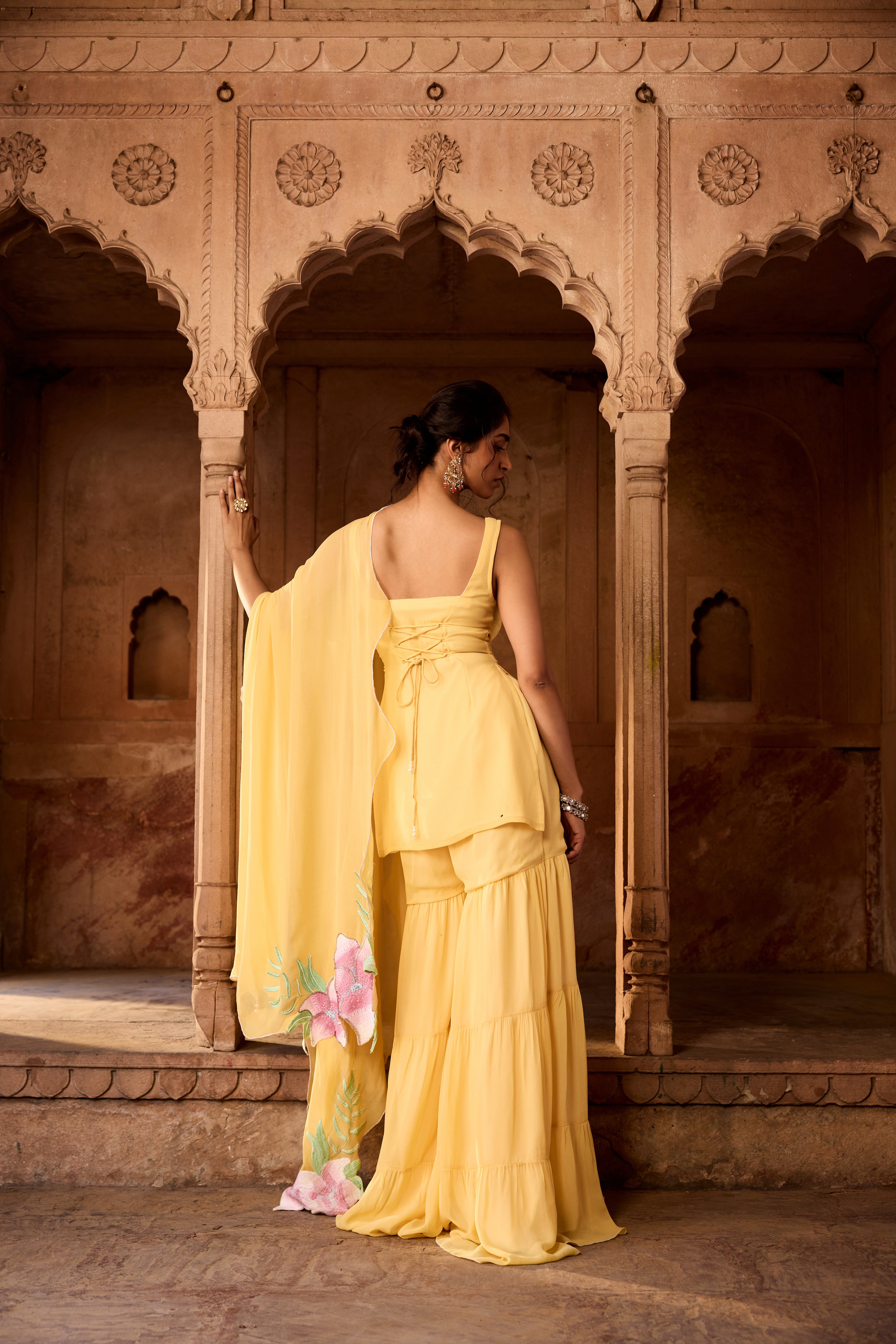 Rehana Yellow Floral Embroidered Sharara Set