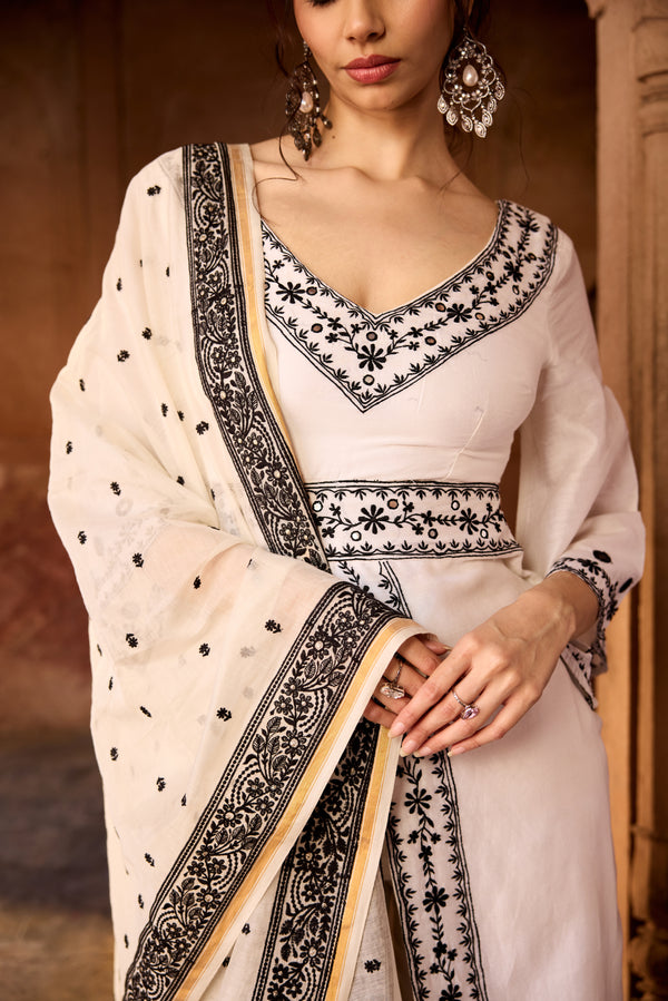 Mahnoor White + Black Long Kurta Set
