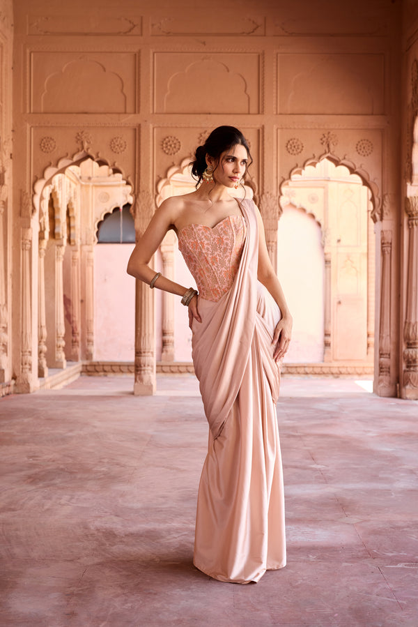 Siham Blush Pink Floral Corset Pre-Stitched Saree