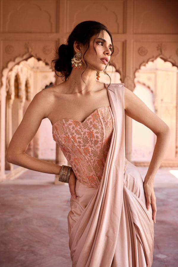 Siham Blush Pink Floral Corset Pre-Stitched Saree