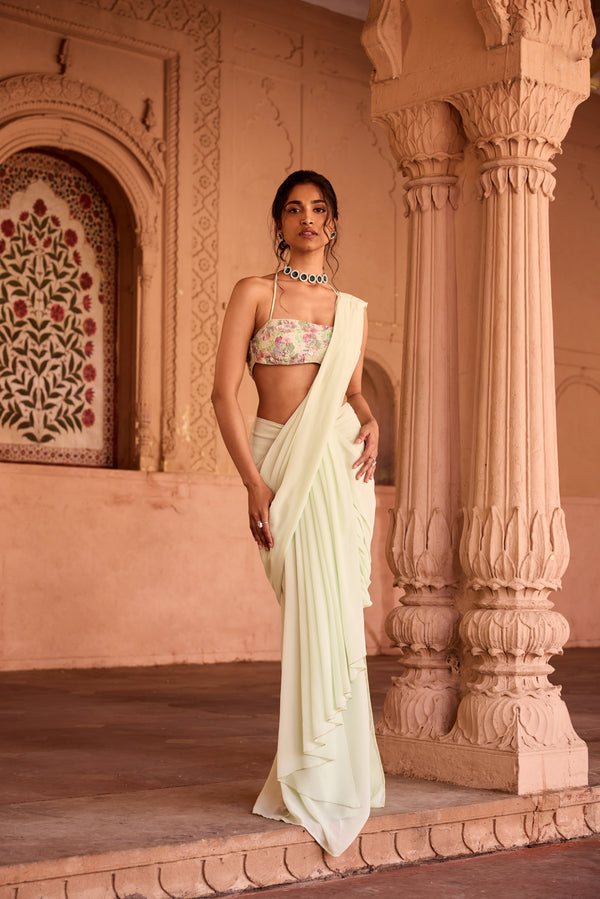 Yasira Pastel Green Georgette Pre-Stitched Saree