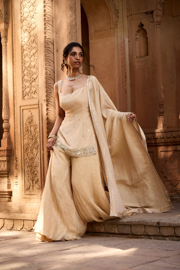 Rumaisa Golden Sleeveless Embroidered Sharara Set