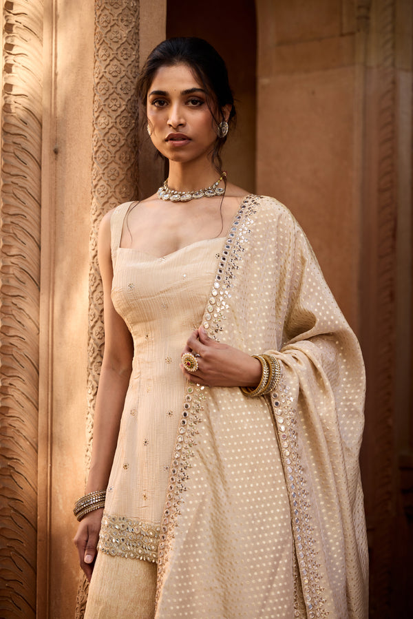 Rumaisa Golden Sleeveless Embroidered Sharara Set