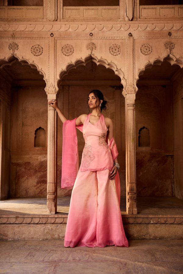 Saabat Pink Ombre Floral Embroidered Sharara Set