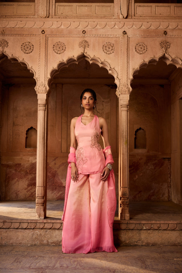 Saabat Pink Ombre Floral Embroidered Sharara Set