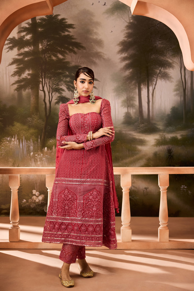 Miraya Red Embroidered Corset Anarkali Suit Set