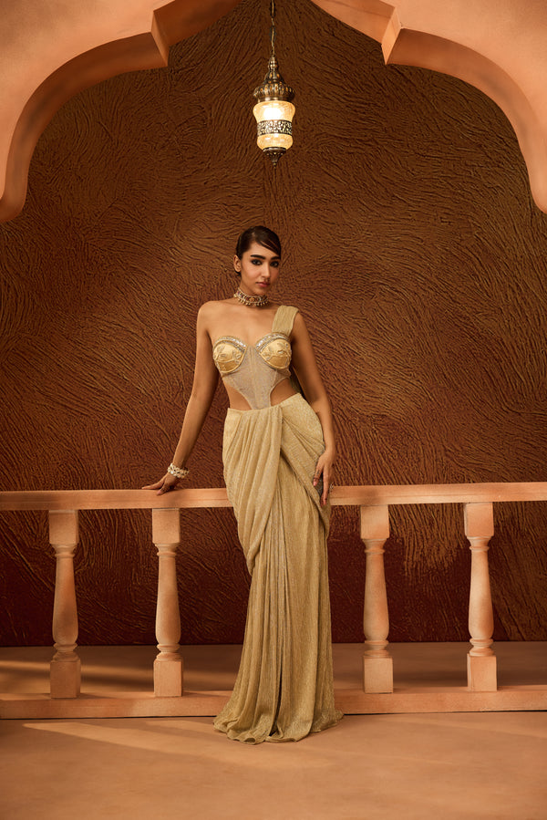 Dyuti Gold Shimmer Pre-Draped Saree Gown