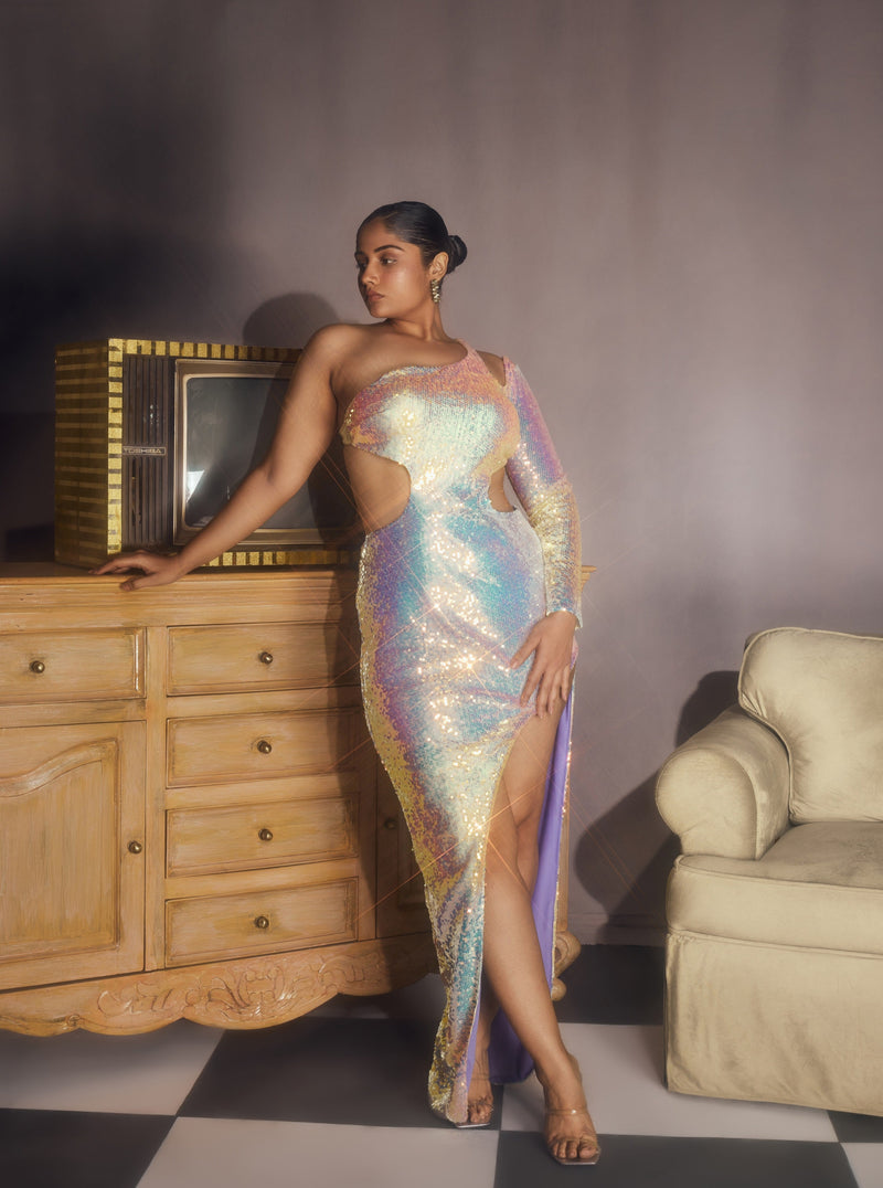 Sabela Rainbow Holographic Sequin Asymmetrical Maxi Dress, featuring vibrant sequins and a striking asymmetrical design