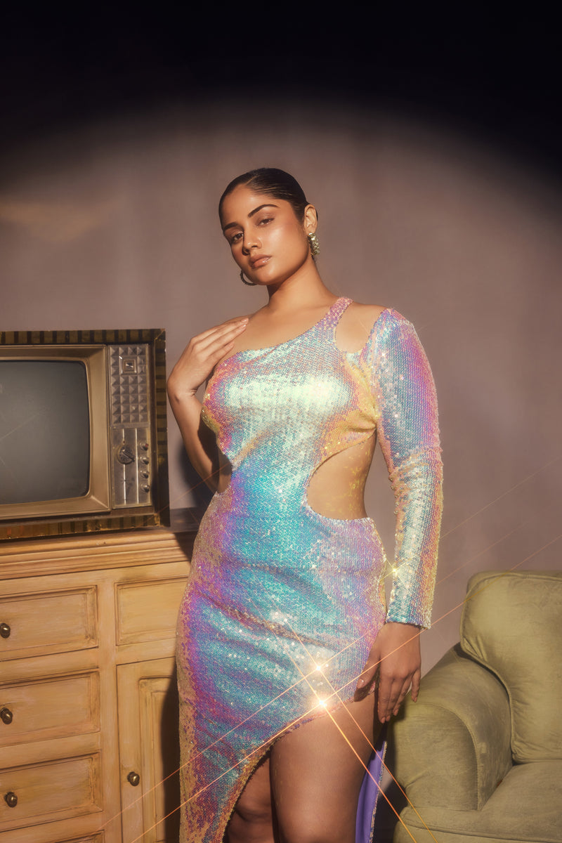 Sabela Rainbow Holographic Sequin Asymmetrical Maxi Dress, featuring vibrant sequins and a striking asymmetrical design