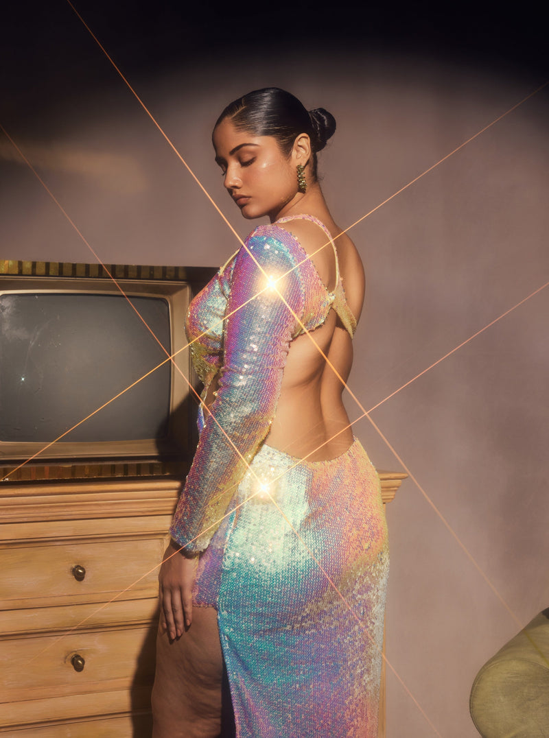 Sabela Rainbow Holographic Sequin Asymmetrical Maxi Dress, featuring vibrant sequins and a striking asymmetrical design