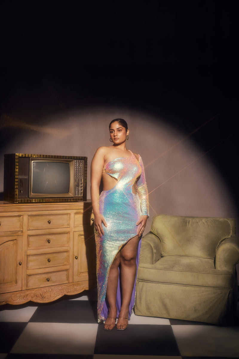 Sabela Rainbow Holographic Sequin Asymmetrical Maxi Dress, featuring vibrant sequins and a striking asymmetrical design