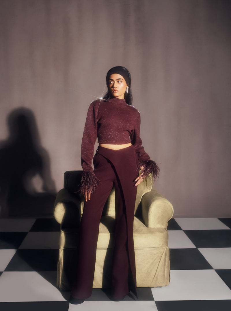 Sakara Burgundy Embellished Shimmer Sweater & Pants Set