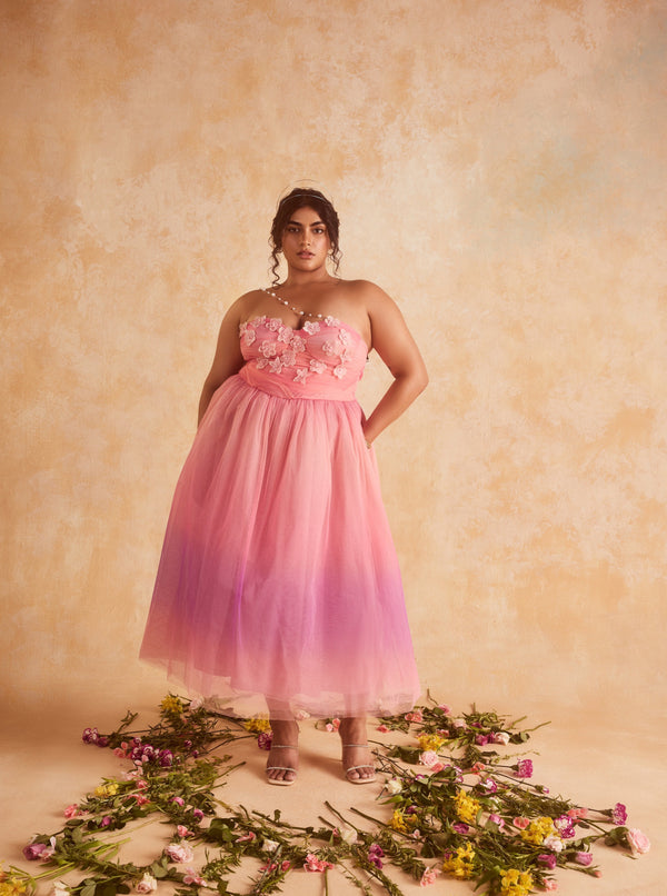 Samantha 3D Flower Embroidered Pink Ombre Dress with intricate floral details and a gradient color design.