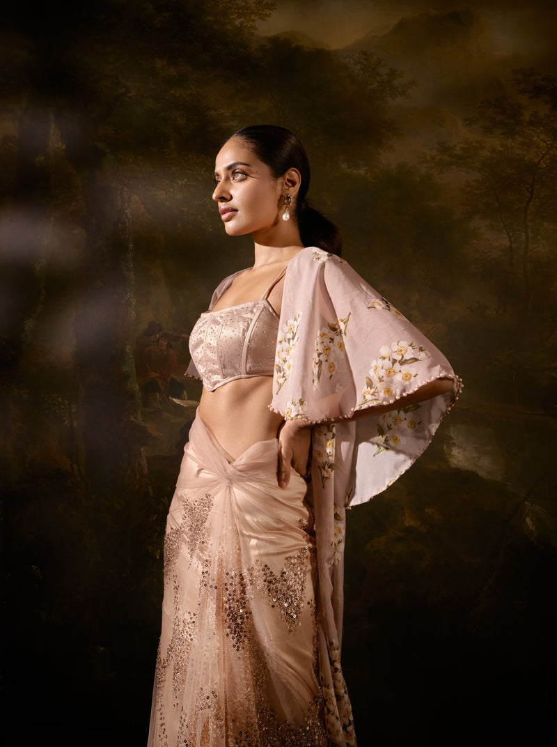 "Sanjali Nude Embellished Coord Set: Chic coordinated set in nude with intricate embellishments for a sophisticated look."