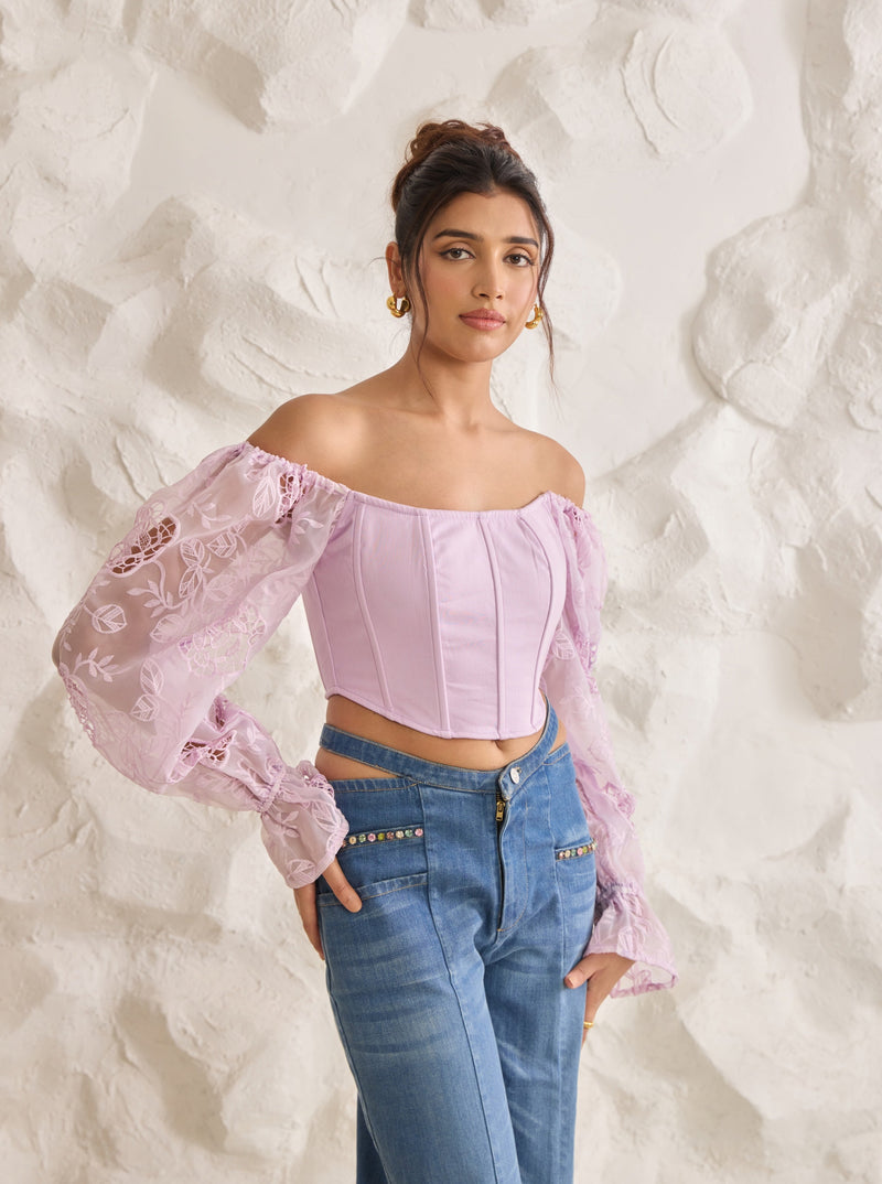 Sasha Lavender Embroidered Organza Sleeve Corset Top with intricate floral embroidery and sheer puff sleeves