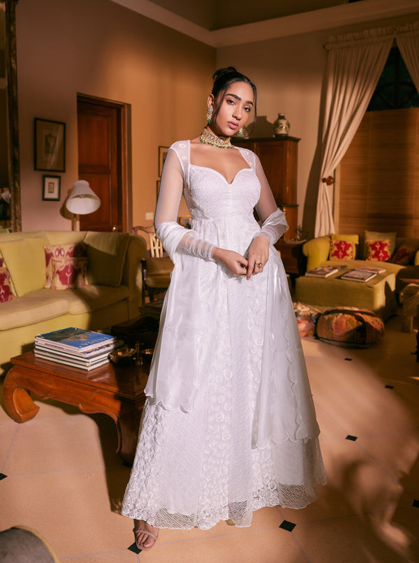 Satya Soft Mesh Embroidered White Anarkali Set featuring delicate embroidery on soft white mesh fabric