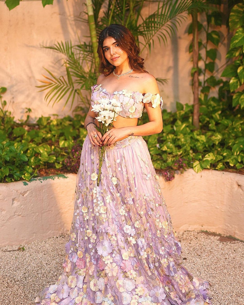 Sayeda lavender lehenga set with exquisite 3-D floral embroidery for a stunning and elegant look